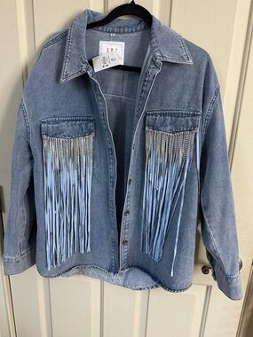 JK Designs Light Blue Denim Jean Jacket with Fringe and Rhinestone Trim